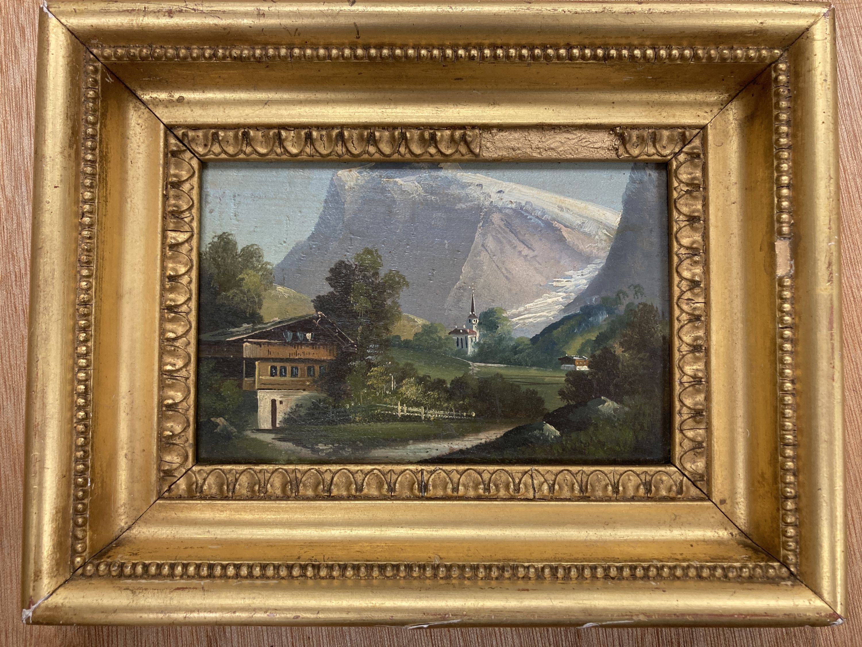 Austrian School, oil on panel, Alpine landscape, 10 x 16cm